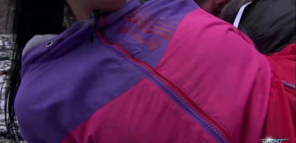 Sexy little brunette in a little bit freezing public fuck warming up hard cock